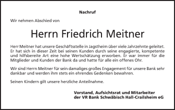 Traueranzeige von Friedrich Meitner von Hohenloher Tagblatt