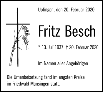 Traueranzeige von Fritz Besch von Alb-Bote/Metzinger-Uracher Volksblatt