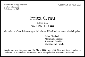 Traueranzeige von Fritz Grau von Rundschau Gaildorf