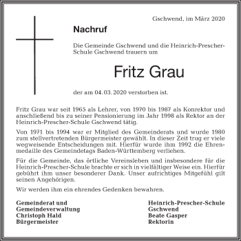 Traueranzeige von Fritz Grau von Rundschau Gaildorf