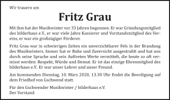 Traueranzeige von Fritz Grau von Rundschau Gaildorf