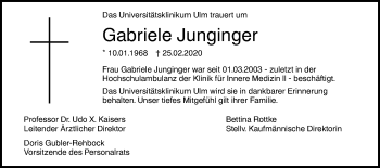 Traueranzeige von Gabriele Junginger von SÜDWEST PRESSE Ausgabe Ulm/Neu-Ulm