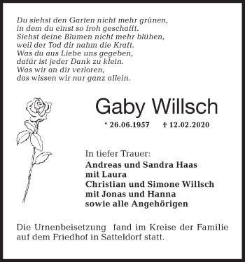 Traueranzeige von Gaby Willsch von Hohenloher Tagblatt