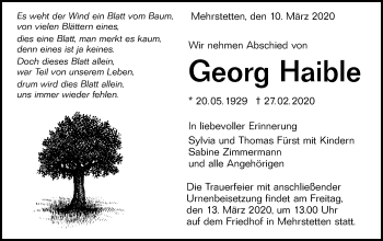 Traueranzeige von Georg Haible von Alb-Bote/Metzinger-Uracher Volksblatt