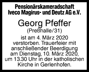 Traueranzeige von Georg Pfeffer von SÜDWEST PRESSE Ausgabe Ulm/Neu-Ulm