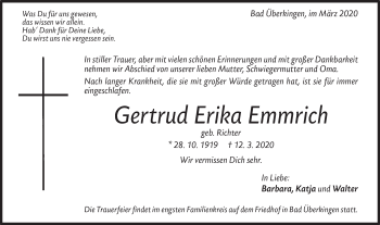 Traueranzeige von Gertrud Erika Emmrich von Geislinger Zeitung