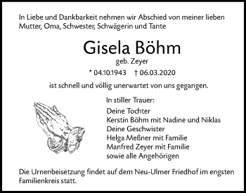 Traueranzeige von Gisela Böhm von SÜDWEST PRESSE Ausgabe Ulm/Neu-Ulm