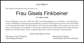 Traueranzeige von Gisela Finkbeiner von Haller Tagblatt