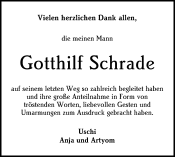 Traueranzeige von Gotthilf Schrade von Alb-Bote/Metzinger-Uracher Volksblatt