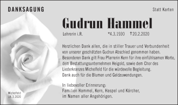 Traueranzeige von Gudrun Hammel von Haller Tagblatt