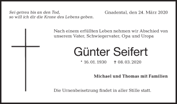 Traueranzeige von Günter Seifert von Haller Tagblatt