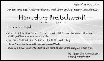 Traueranzeige von Hannelore Breitschwere von Rundschau Gaildorf