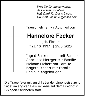 Traueranzeige von Hannelore Fecker von Hohenzollerische Zeitung