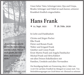 Traueranzeige von Hans Frank von SÜDWEST PRESSE Ausgabe Ulm/Neu-Ulm