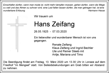 Traueranzeige von Hans Zeifang von SÜDWEST PRESSE Ausgabe Ulm/Neu-Ulm