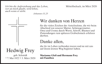 Traueranzeige von Hedwig Frey von Haller Tagblatt