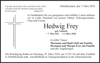 Traueranzeige von Hedwig Frey von Haller Tagblatt