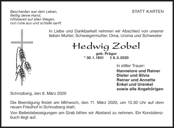 Traueranzeige von Hedwig Zobel von Hohenloher Tagblatt