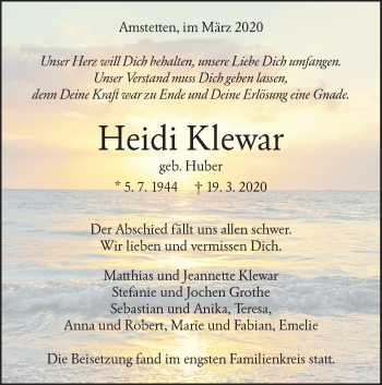 Traueranzeige von Heidi Klewar von Geislinger Zeitung