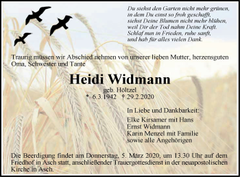 Traueranzeige von Heidi Widmann von SÜDWEST PRESSE Ausgabe Ulm/Neu-Ulm