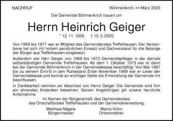 Traueranzeige von Heinrich Geiger von Geislinger Zeitung