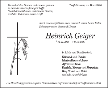 Traueranzeige von Heinrich Geiger von Geislinger Zeitung