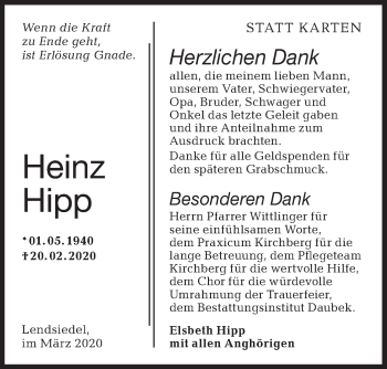 Traueranzeige von Heinz Hipp von Hohenloher Tagblatt