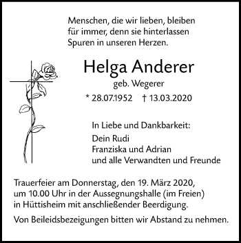 Traueranzeige von Helga Anderer von SÜDWEST PRESSE Ausgabe Ulm/Neu-Ulm