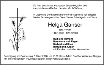 Traueranzeige von Helga Ganser von SÜDWEST PRESSE Ausgabe Ulm/Neu-Ulm