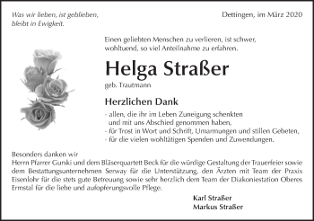 Traueranzeige von Helga Straßer von Metzinger-Uracher Volksblatt