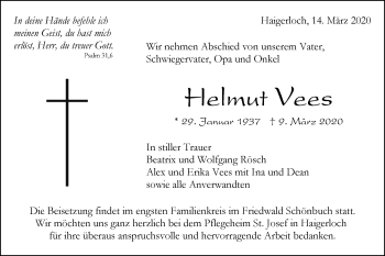 Traueranzeige von Helmut Vees von Hohenzollerische Zeitung