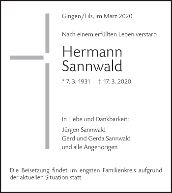 Traueranzeige von Hermann Sannwald von Geislinger Zeitung