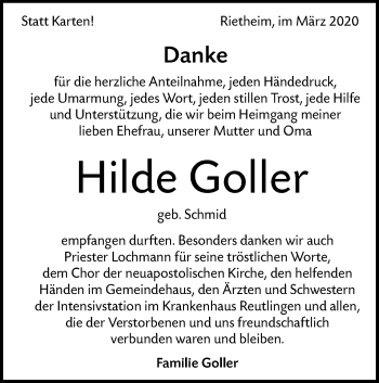 Traueranzeige von Hilde Goller von Alb-Bote/Metzinger-Uracher Volksblatt