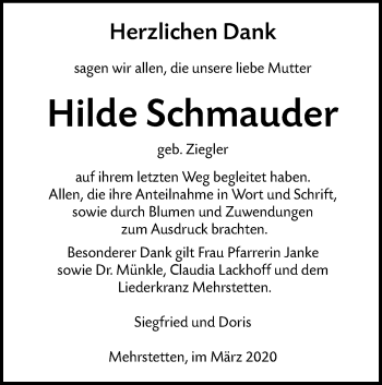 Traueranzeige von Hilde Schmauder von Alb-Bote/Metzinger-Uracher Volksblatt