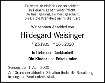 Traueranzeige von Hildegard Weisinger von SÜDWEST PRESSE Ausgabe Ulm/Neu-Ulm