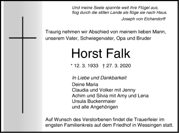 Traueranzeige von Horst Falk von Hohenzollerische Zeitung