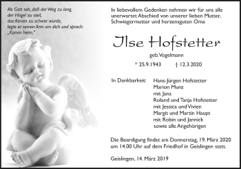 Traueranzeige von Ilse Hofstetter von Haller Tagblatt