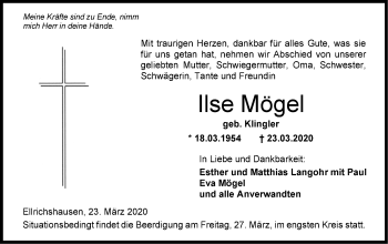 Traueranzeige von Ilse Mögel von Hohenloher Tagblatt