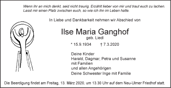 Traueranzeige von Ilse Maria Ganghof von SÜDWEST PRESSE Ausgabe Ulm/Neu-Ulm