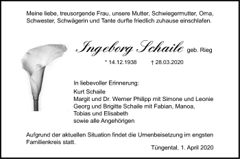 Traueranzeige von Ingeborg Schaile von Haller Tagblatt