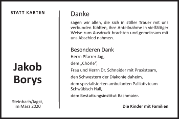 Traueranzeige von Jakob Borys von Hohenloher Tagblatt