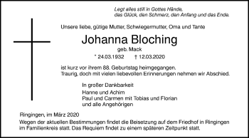 Traueranzeige von Johanna Bloching von SÜDWEST PRESSE Ausgabe Ulm/Neu-Ulm