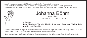 Traueranzeige von Johanna Böhm von Hohenloher Tagblatt