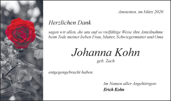 Traueranzeige von Johanna Kohn von Geislinger Zeitung