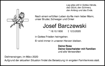 Traueranzeige von Josef Barczewski von SÜDWEST PRESSE Ausgabe Ulm/Neu-Ulm