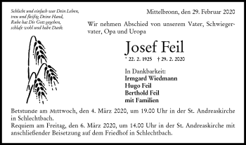 Traueranzeige von Josef Feil von Rundschau Gaildorf