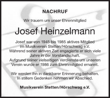 Traueranzeige von Josef Heinzelmann von Hohenzollerische Zeitung