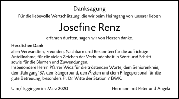 Traueranzeige von Josefine Renz von SÜDWEST PRESSE Ausgabe Ulm/Neu-Ulm