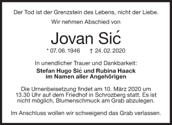 Traueranzeige von Jovan Sic von Hohenloher Tagblatt