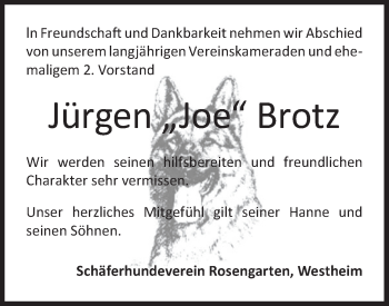 Traueranzeige von Jürgen Brotz von Haller Tagblatt